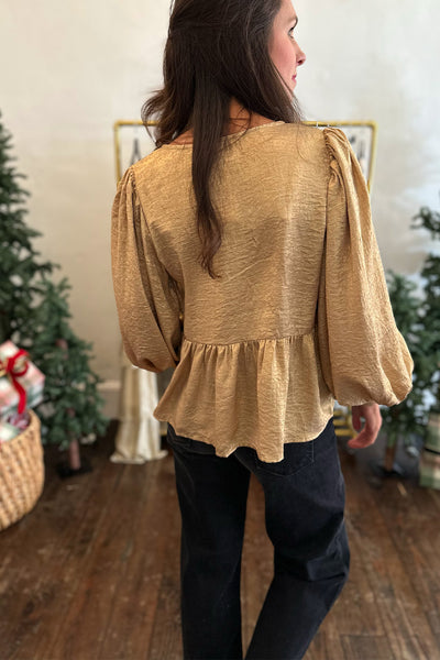 Gold Metallic Tie Front Blouse