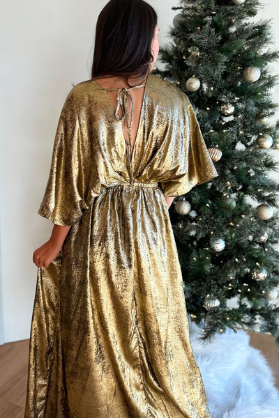 Shiny Gold Vneck Maxi Dress