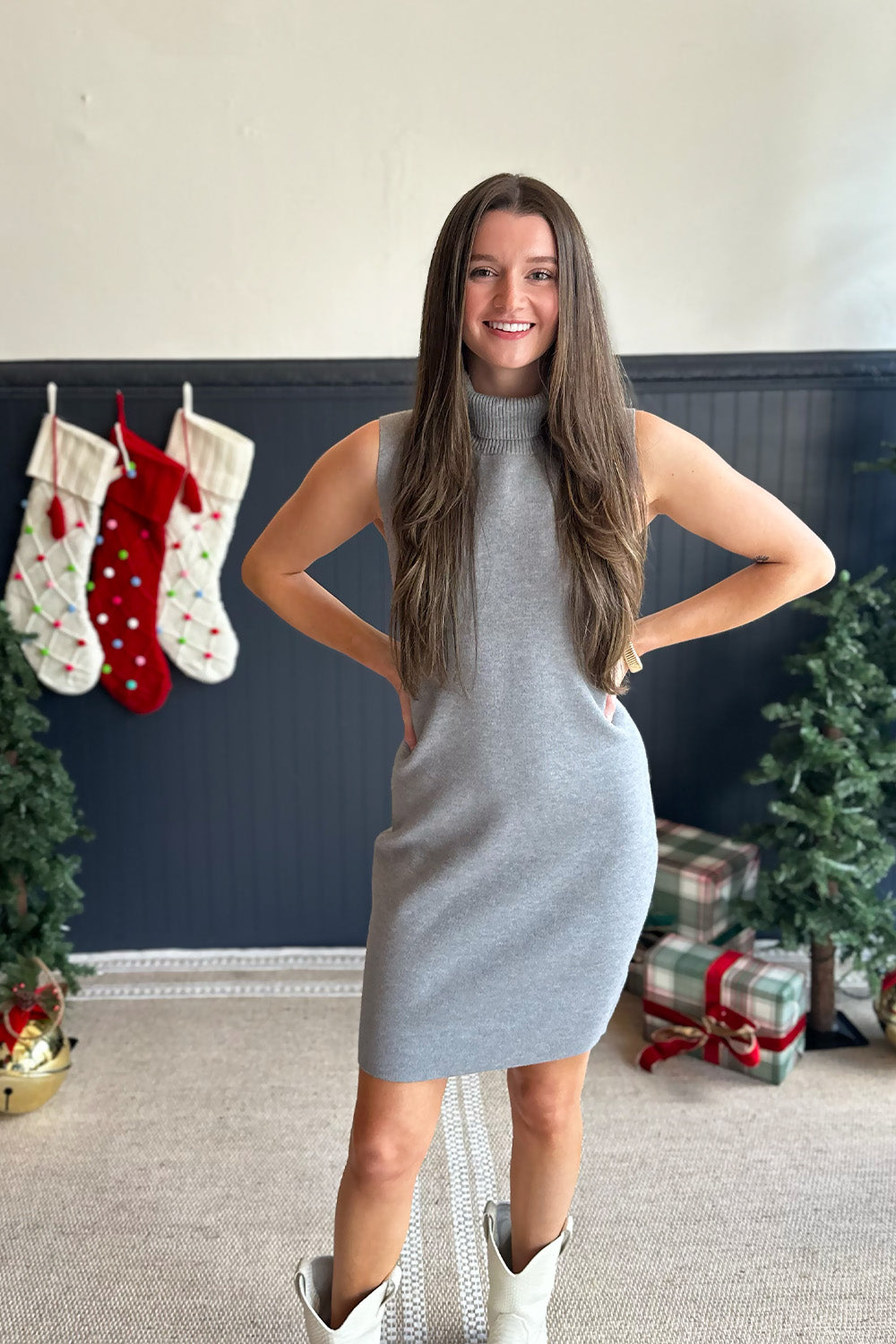 Gray Sleeveless Turtleneck Sweater Dress