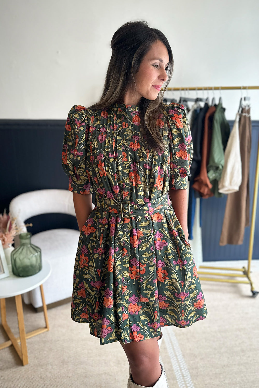 Green Orange Pink Button Belted Dress