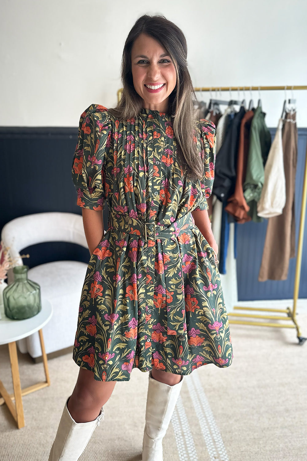 Green Orange Pink Button Belted Dress