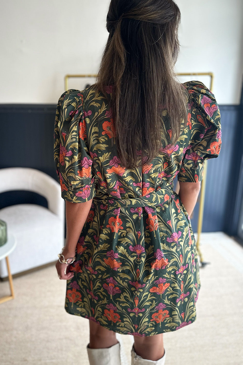 Green Orange Pink Button Belted Dress