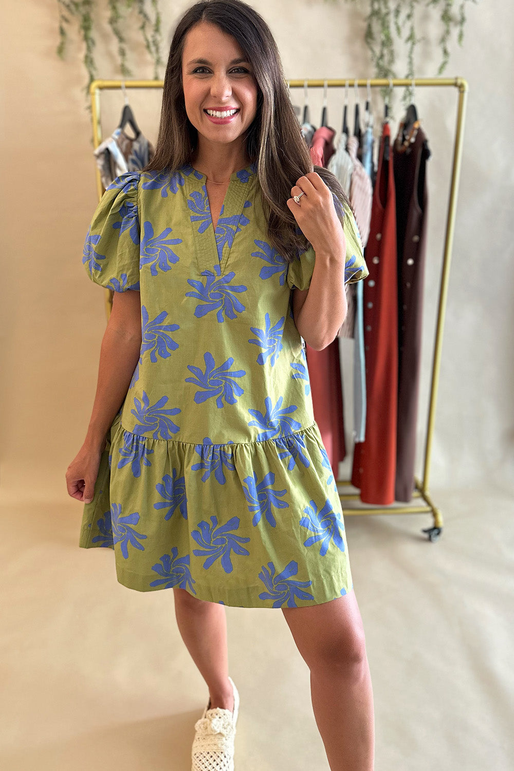 Green and Blue Printed SS Dress