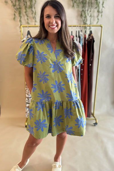 Green and Blue Printed SS Dress