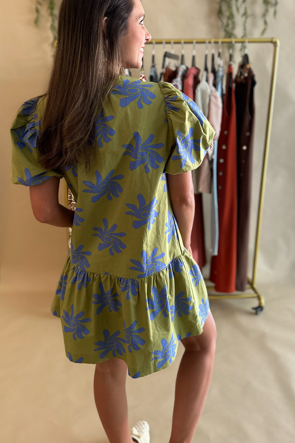 Green and Blue Printed SS Dress
