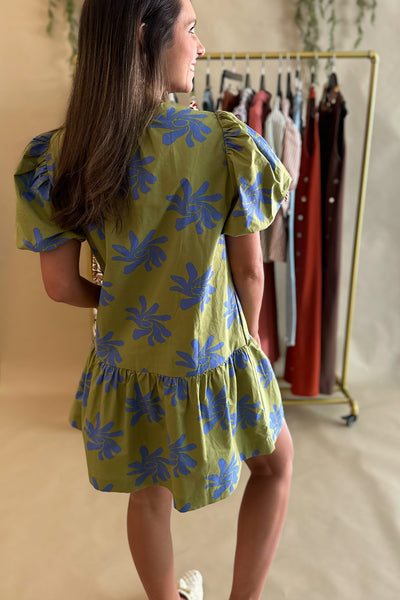 Green and Blue Printed SS Dress