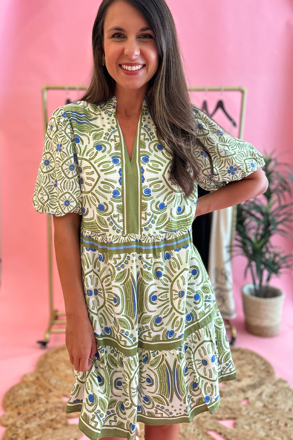 Green Printed Puff SS Dress