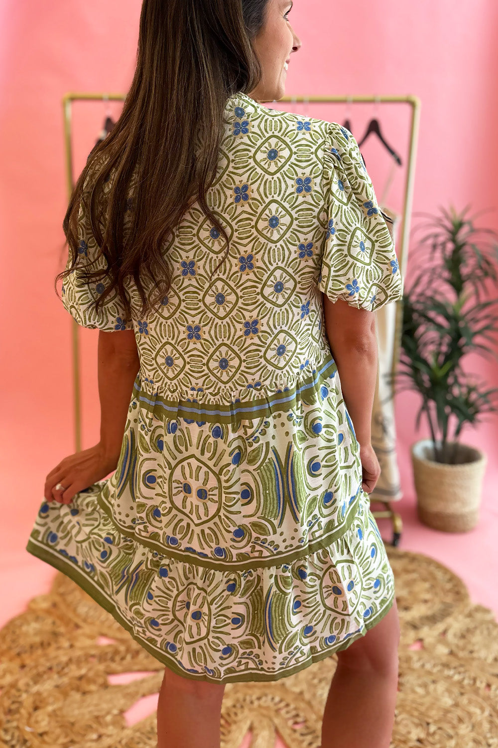 Green Printed Puff SS Dress