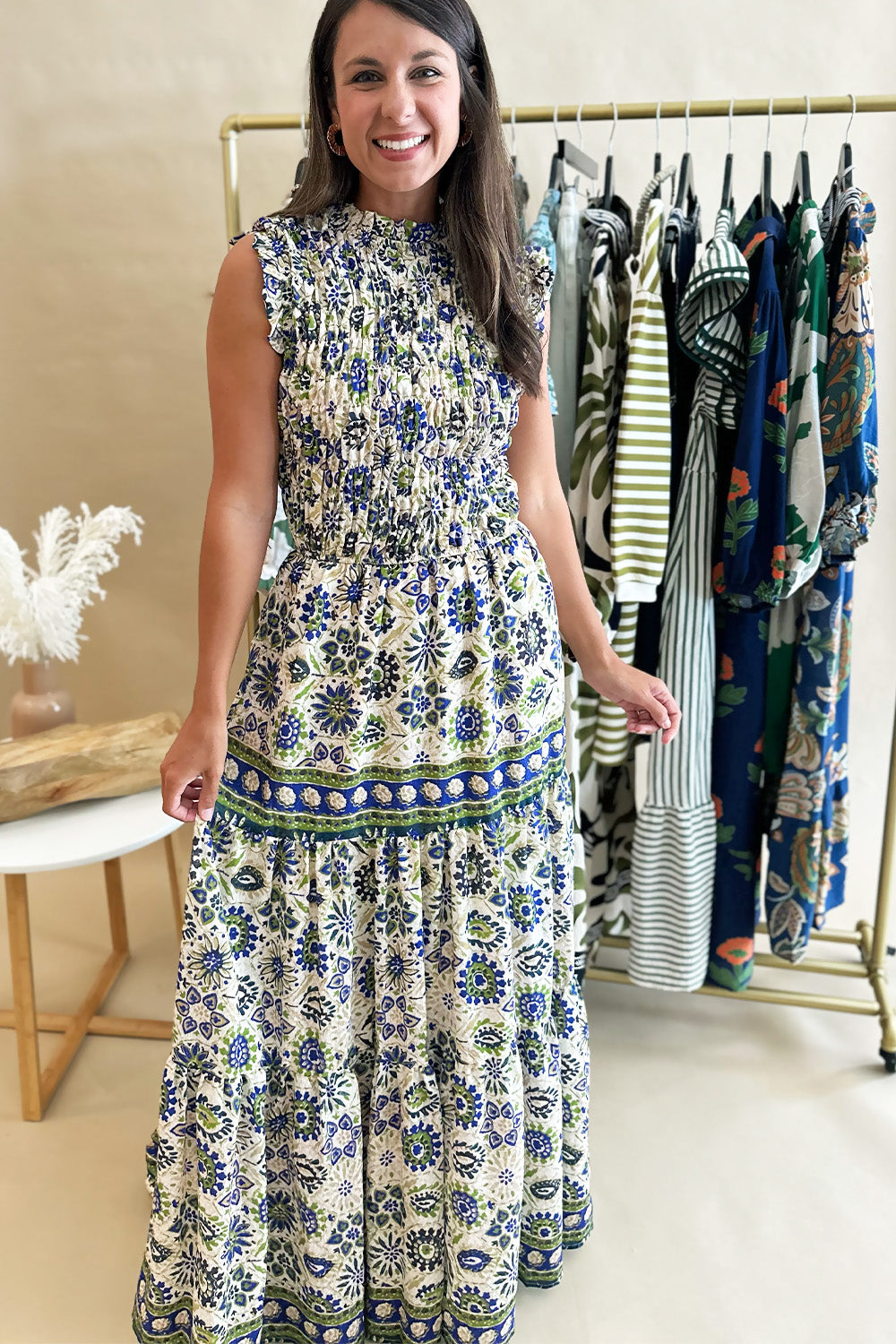 Blue and Green Smocked Bodice Maxi