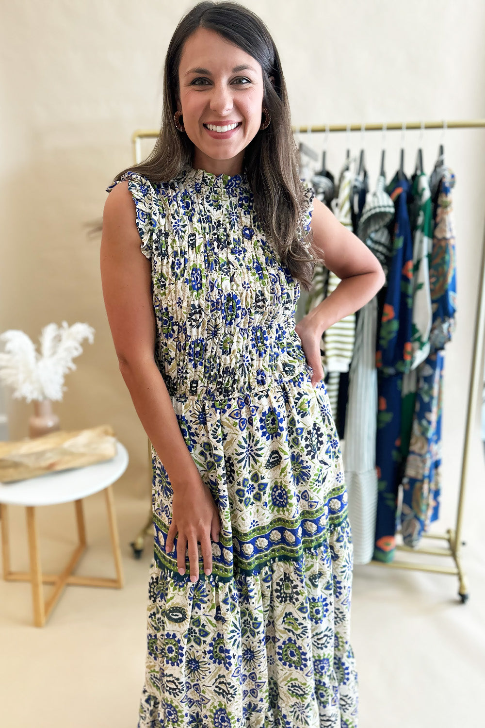 Blue and Green Smocked Bodice Maxi