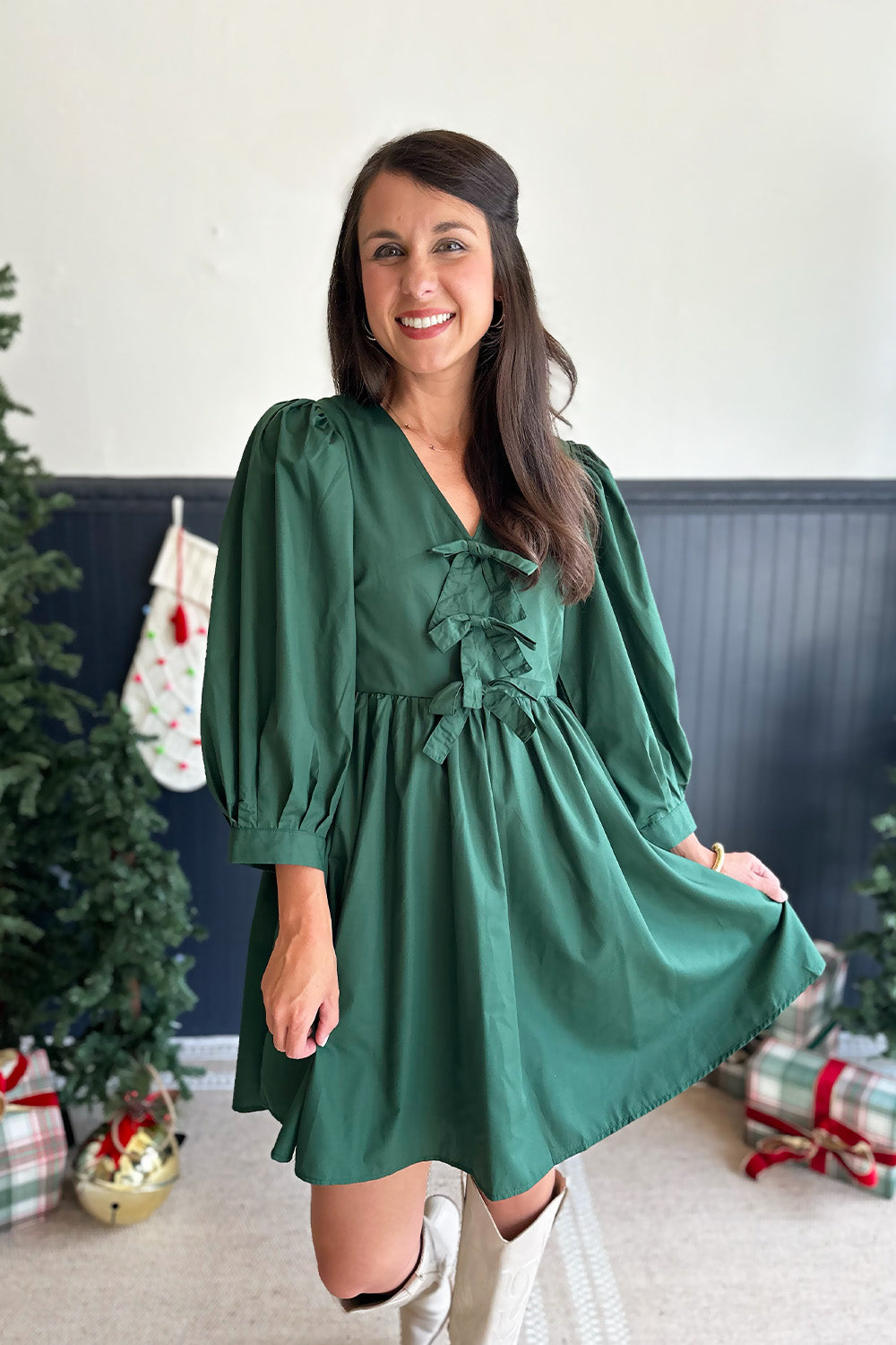 Green Bow Front LS Dress