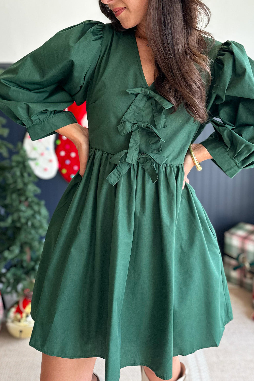 Green Bow Front LS Dress