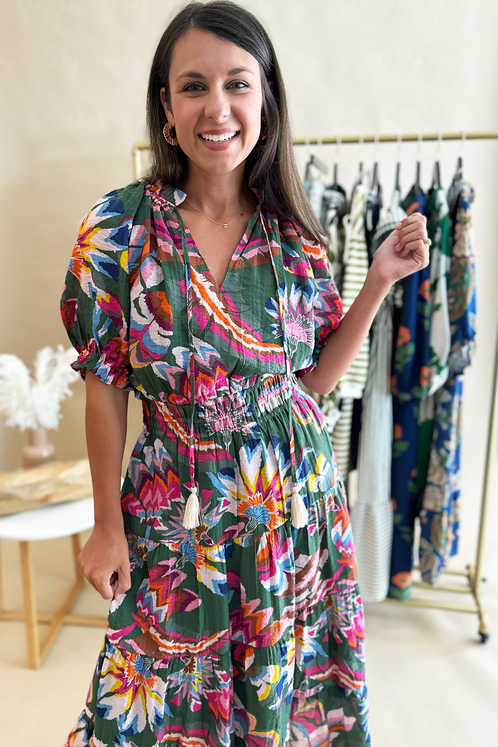 Green Bright Print SS Long Dress