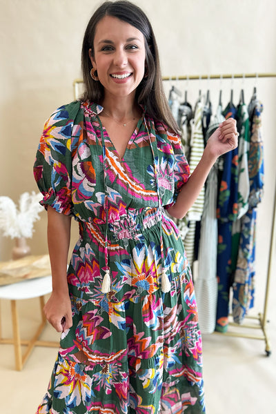 Green Bright Print SS Long Dress