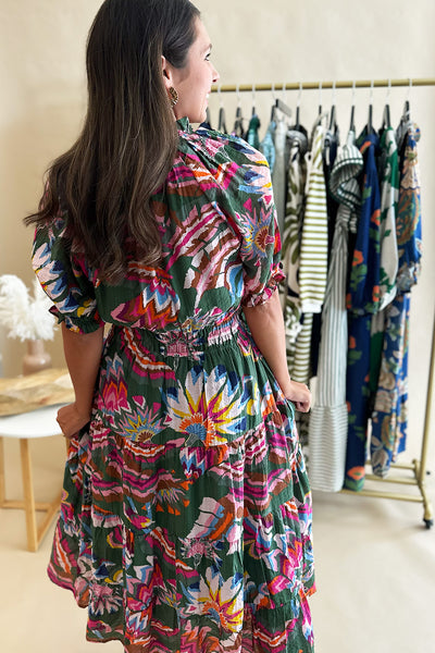Green Bright Print SS Long Dress