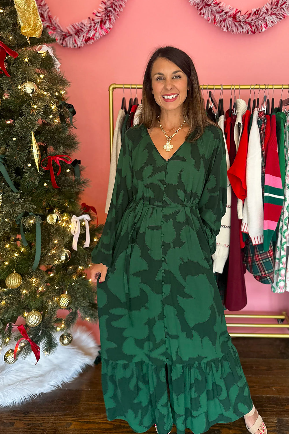 Emerald Green Button LS Maxi Dress