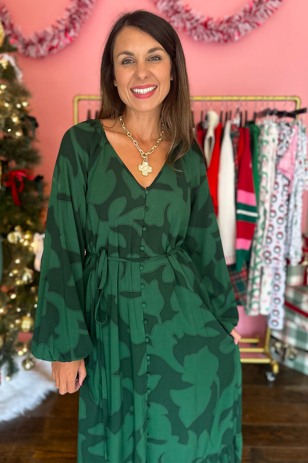 Emerald Green Button LS Maxi Dress