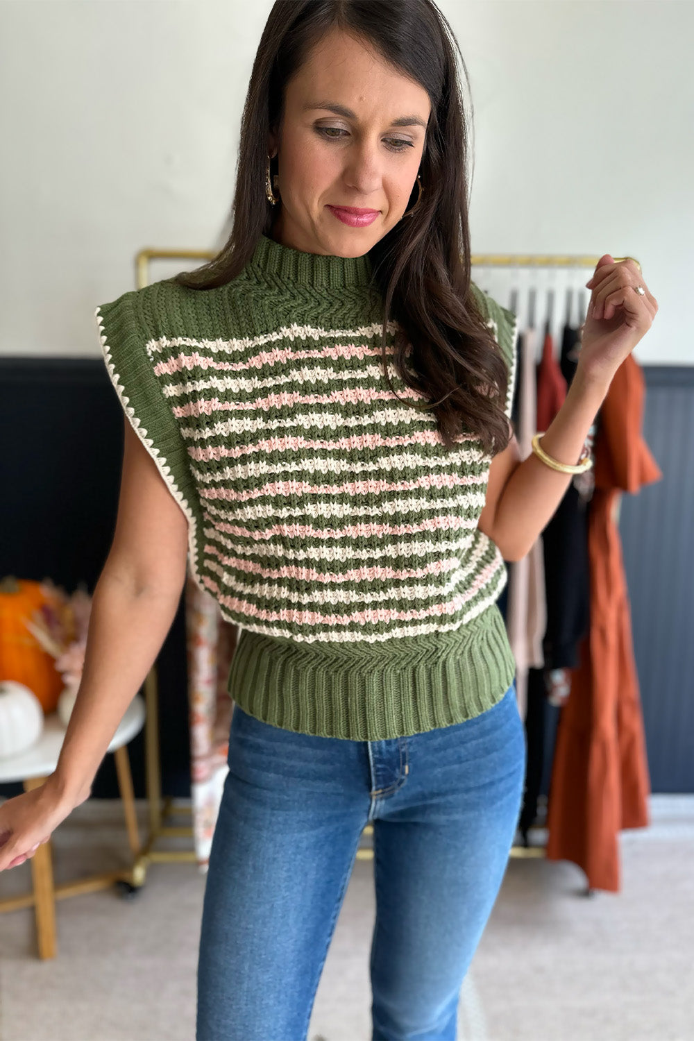 Green, Cream, Pink Chunky Knit Sweater