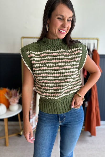 Green, Cream, Pink Chunky Knit Sweater