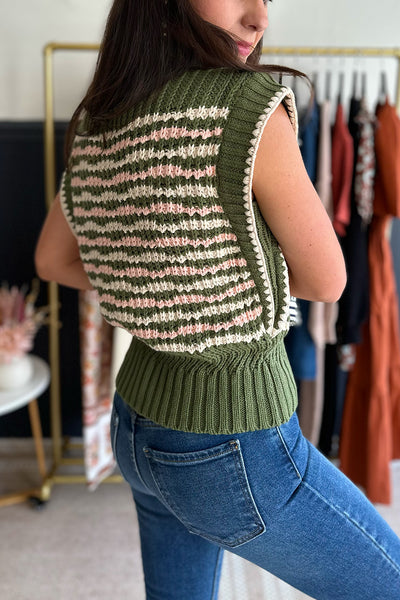 Green, Cream, Pink Chunky Knit Sweater