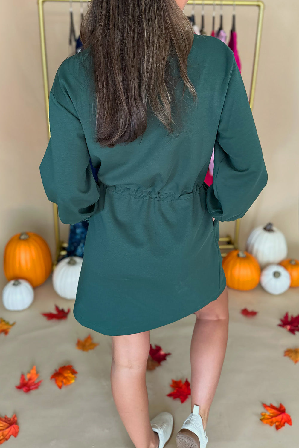 Drawstring Waist LS Dress Green