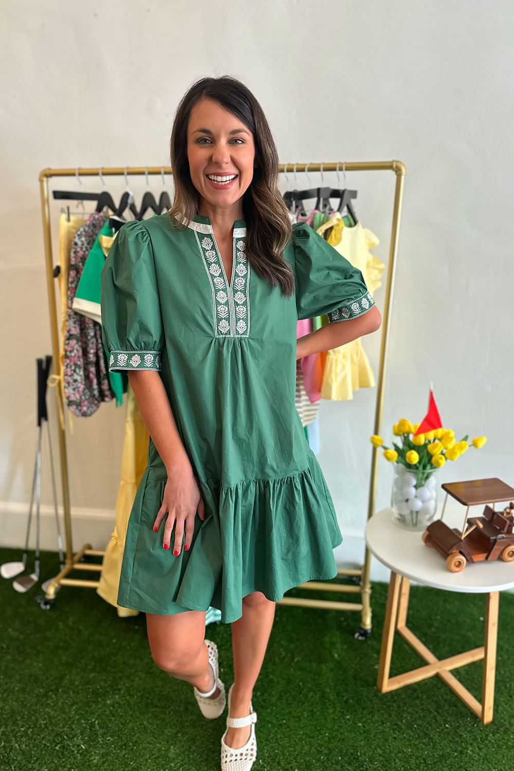 Solid Short Sleeve Dress with Embroidered Trim in Green | Truly Yours Large Solid Short Sleeve Dress with Embroidered Trim in Green | Truly Yours Large