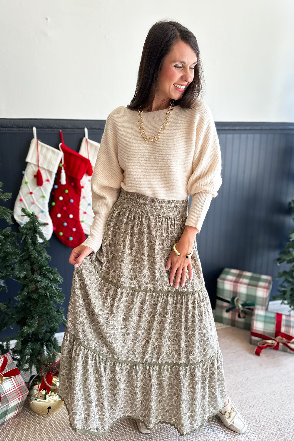 Cream Ribbed Wide Neck Sweater