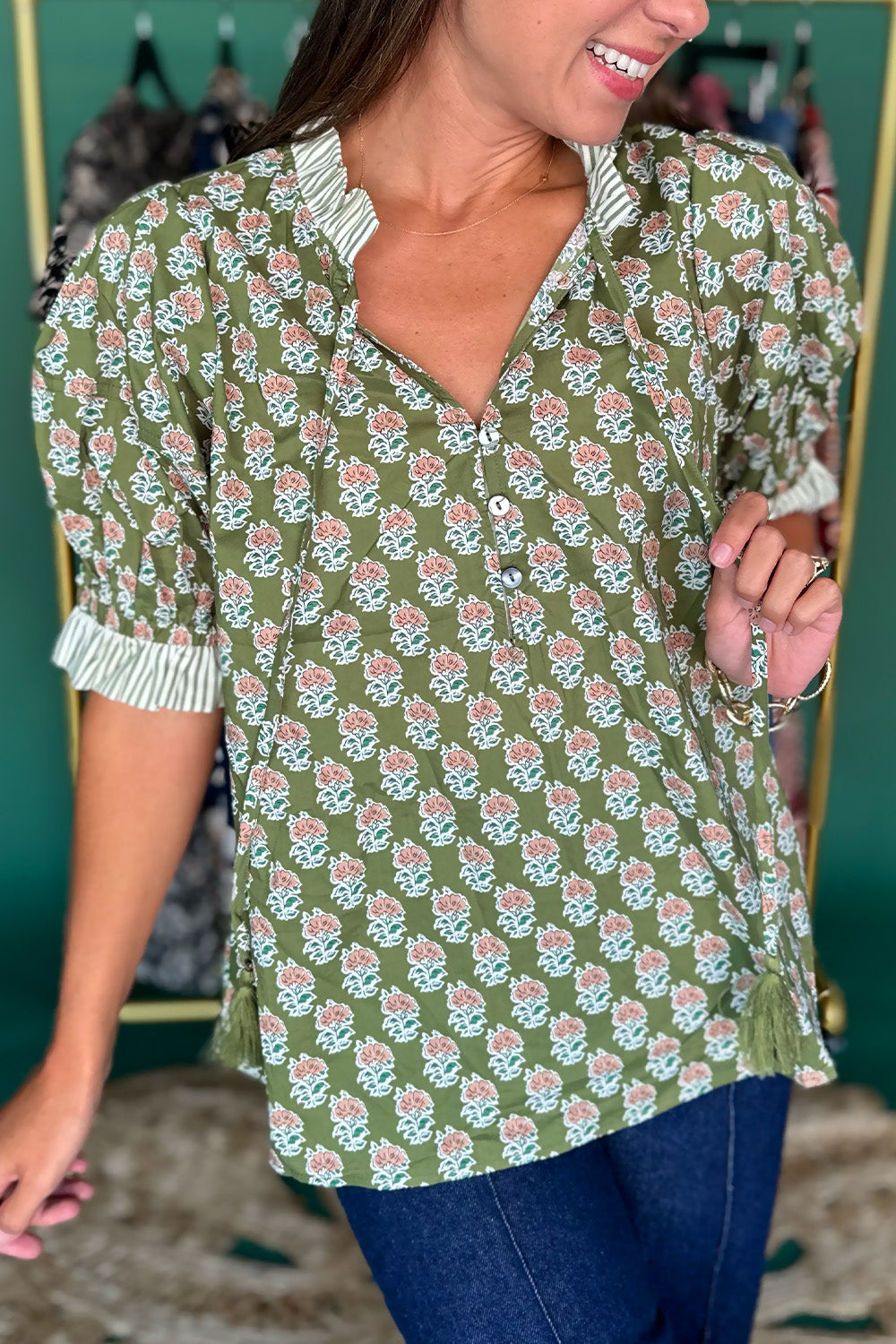 Olive Floral and Stripe Trim Blouse