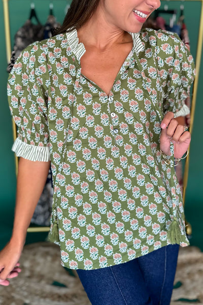 Olive Floral and Stripe Trim Blouse