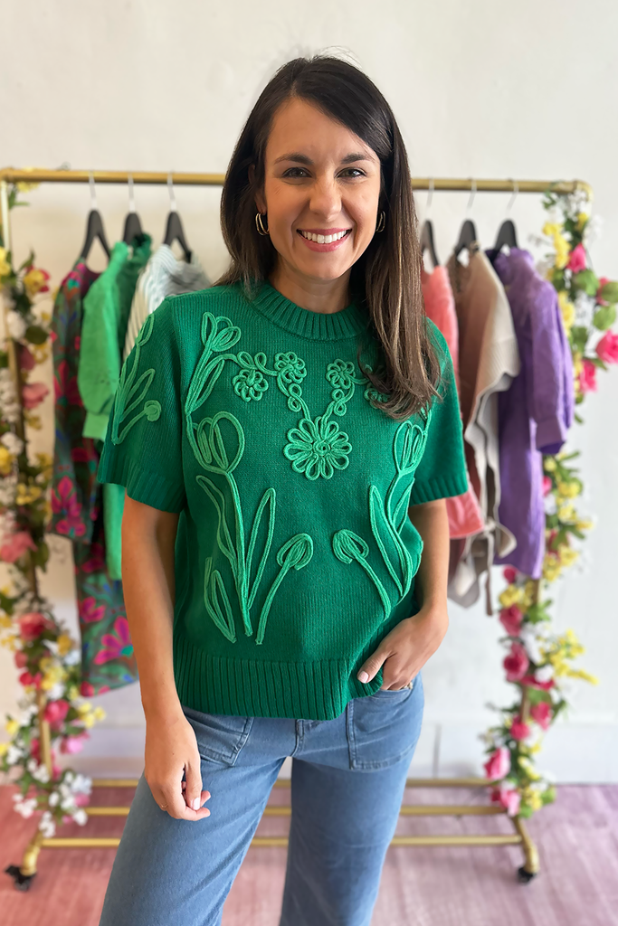 Kelly Green Floral Embroidered Knit Top - Truly Yours