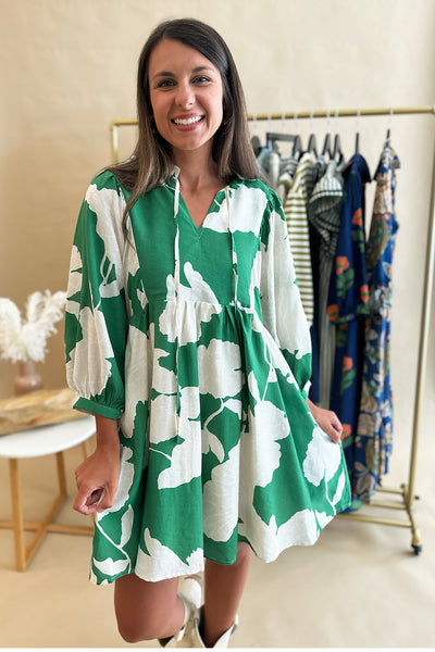 Green and Cream Floral Long Bubble Sleeve Dress
