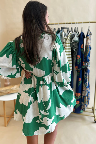 Green and Cream Floral Long Bubble Sleeve Dress