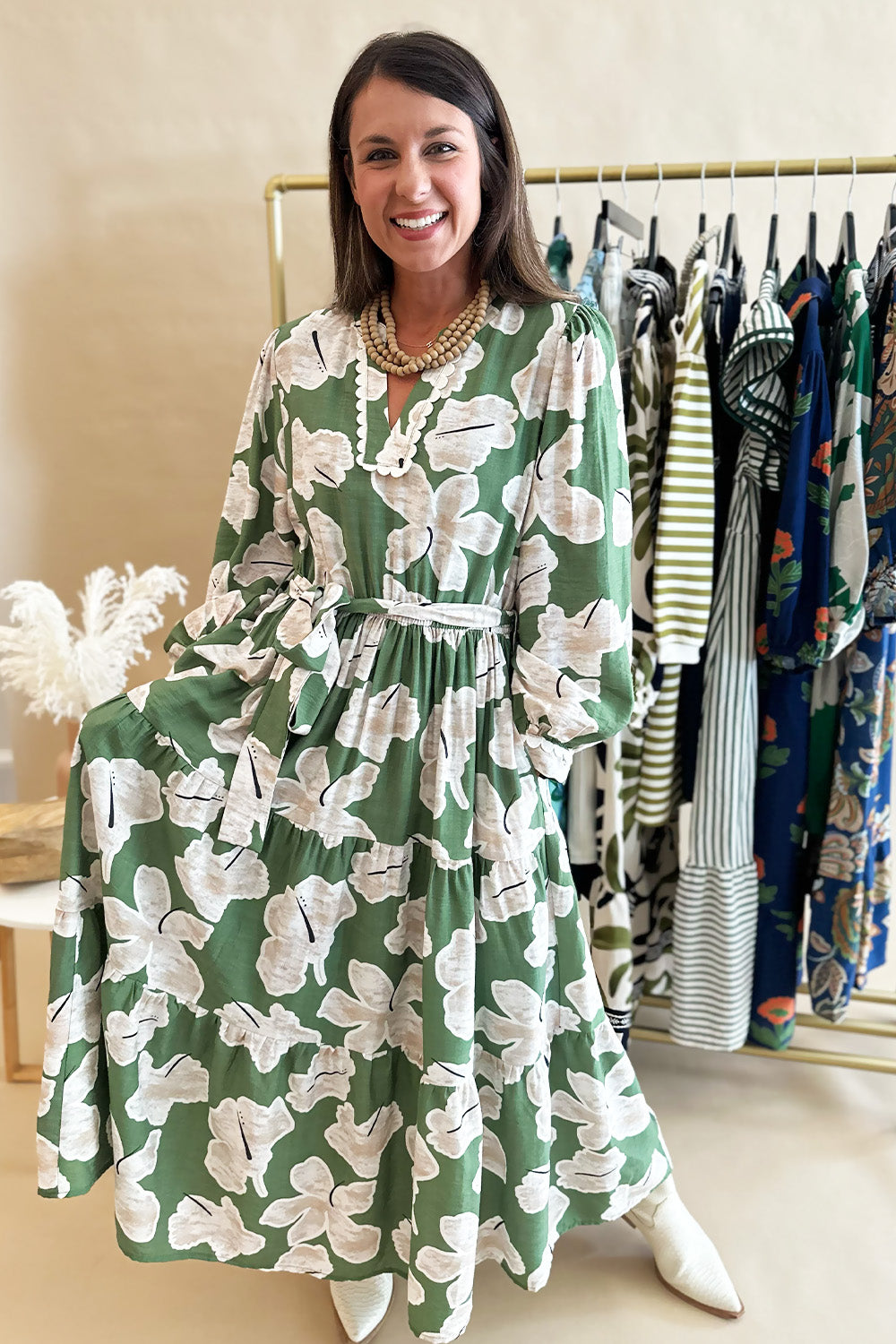Green and Tan Floral Tie Waist Midi