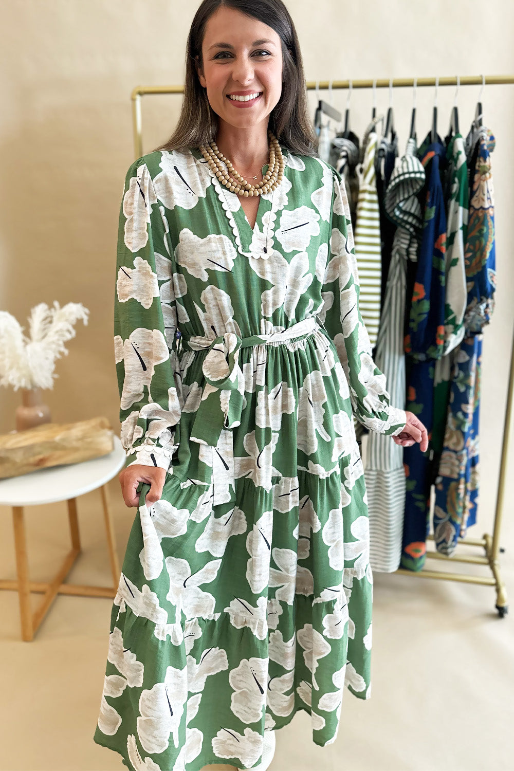 Green and Tan Floral Tie Waist Midi