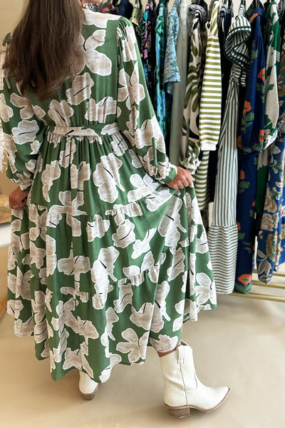 Green and Tan Floral Tie Waist Midi