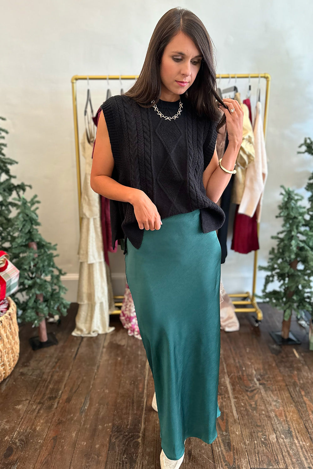 Silky Hunter Green Midi Skirt