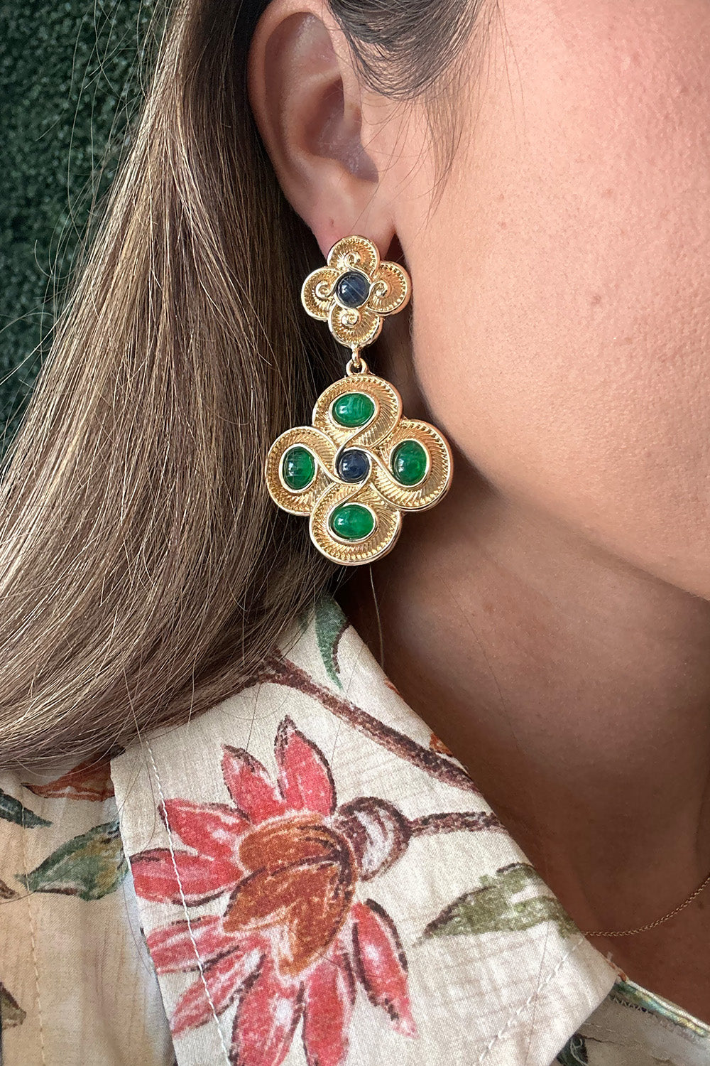 Green Navy and Gold Clover Earrings