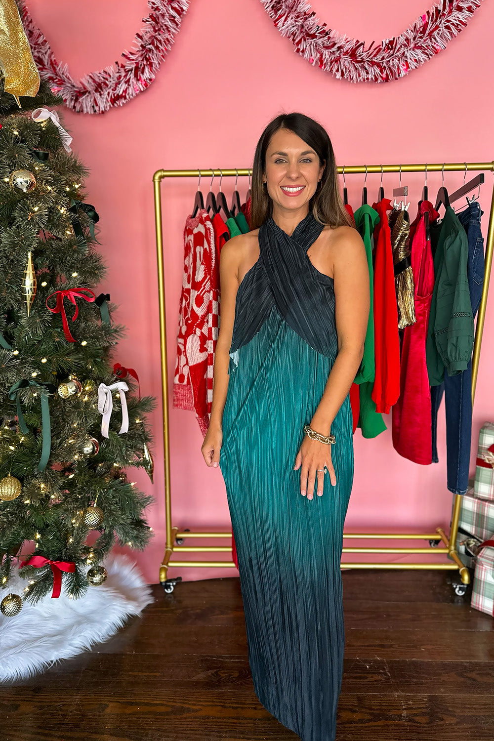 Green Ombre Pleated High Neck Dress