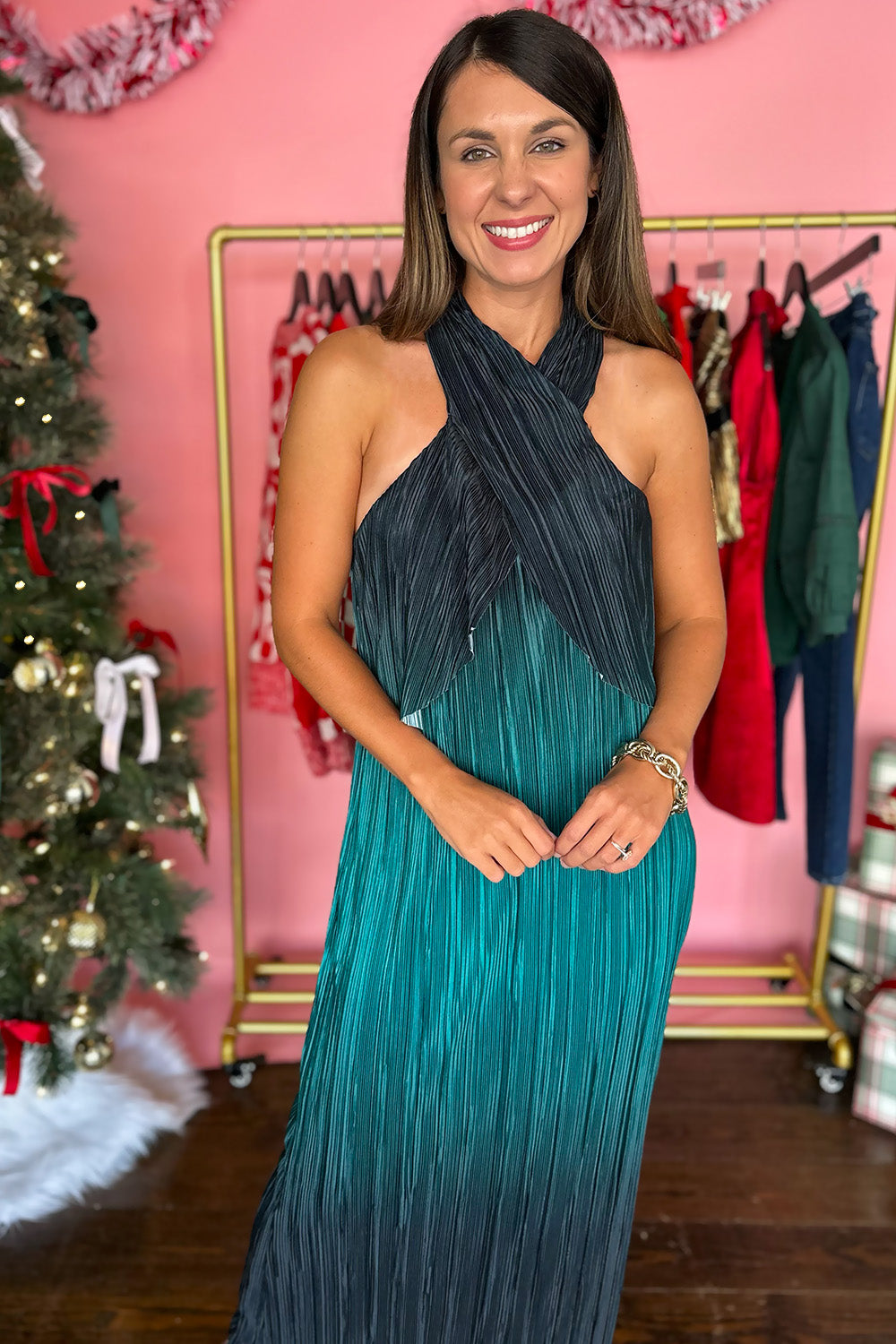 Green Ombre Pleated High Neck Dress