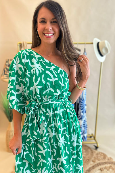 Green and White Printed One Shoulder Dress