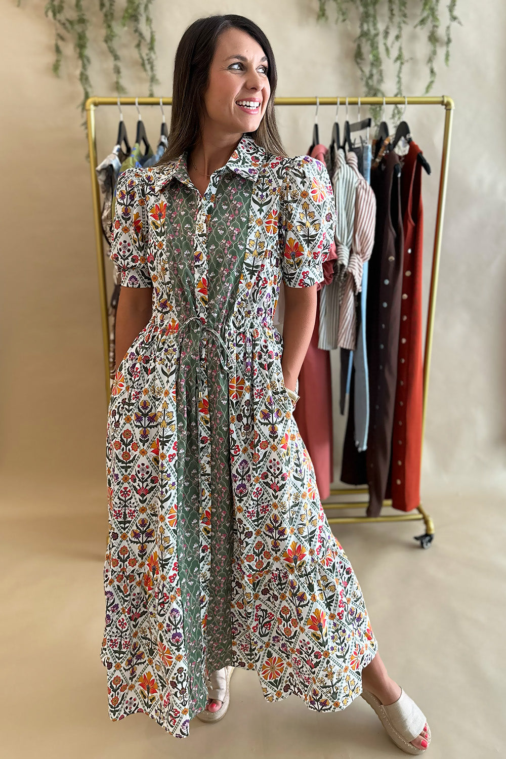 Floral SS Button Down Tie Waist Dress