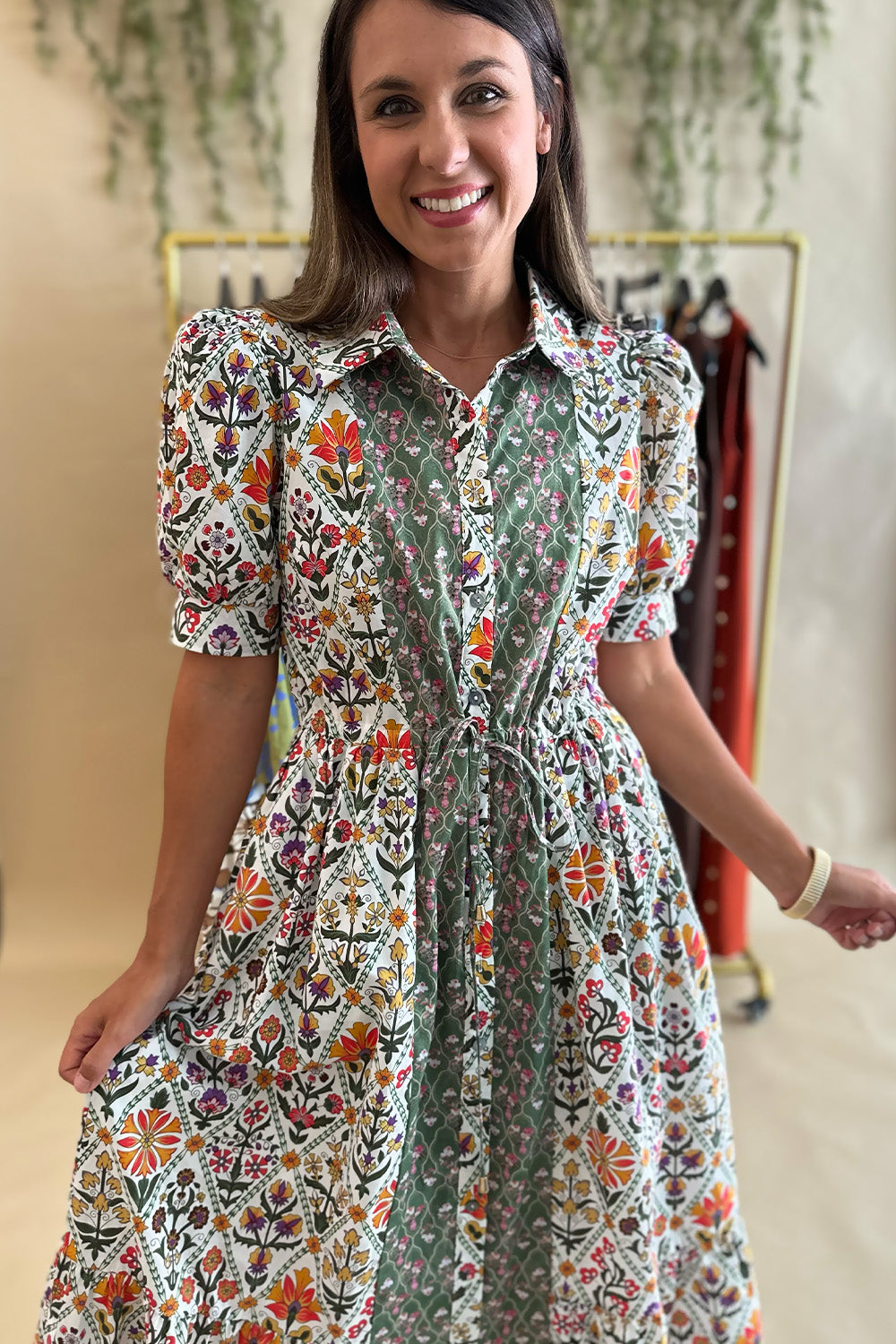 Floral SS Button Down Tie Waist Dress