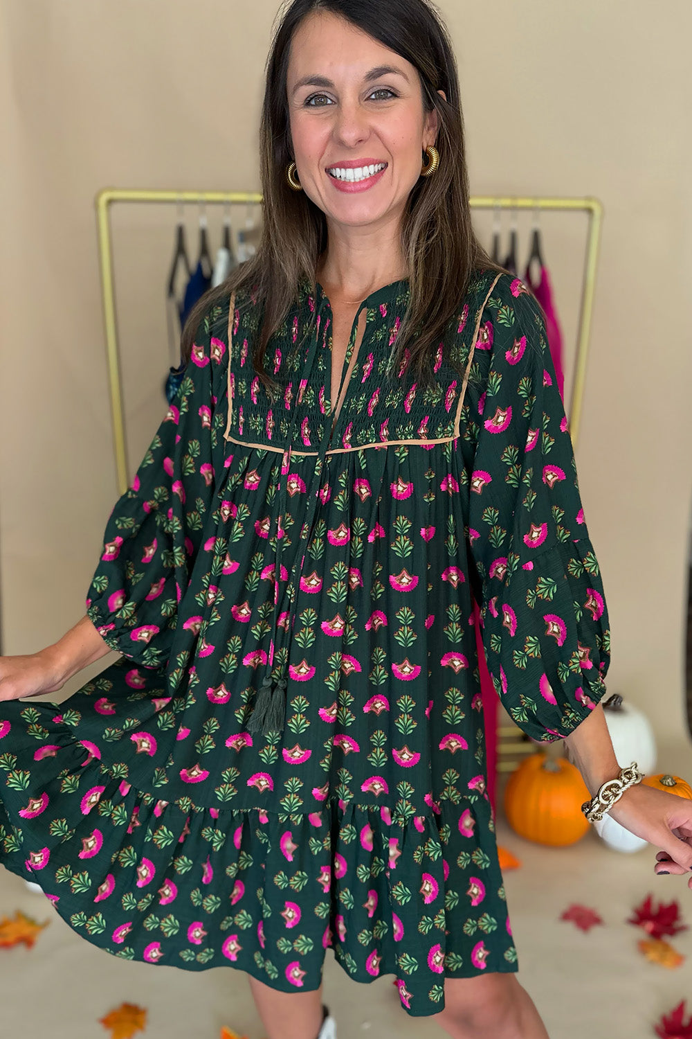 Dark Green Pink Tie Neck Dress