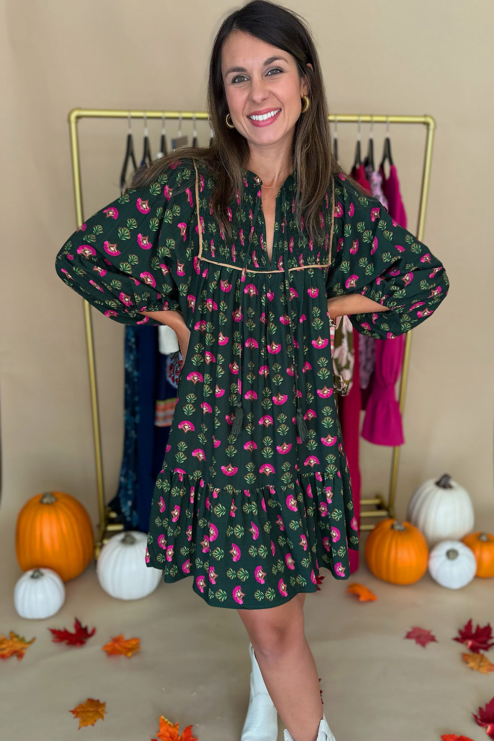 Dark Green Pink Tie Neck Dress