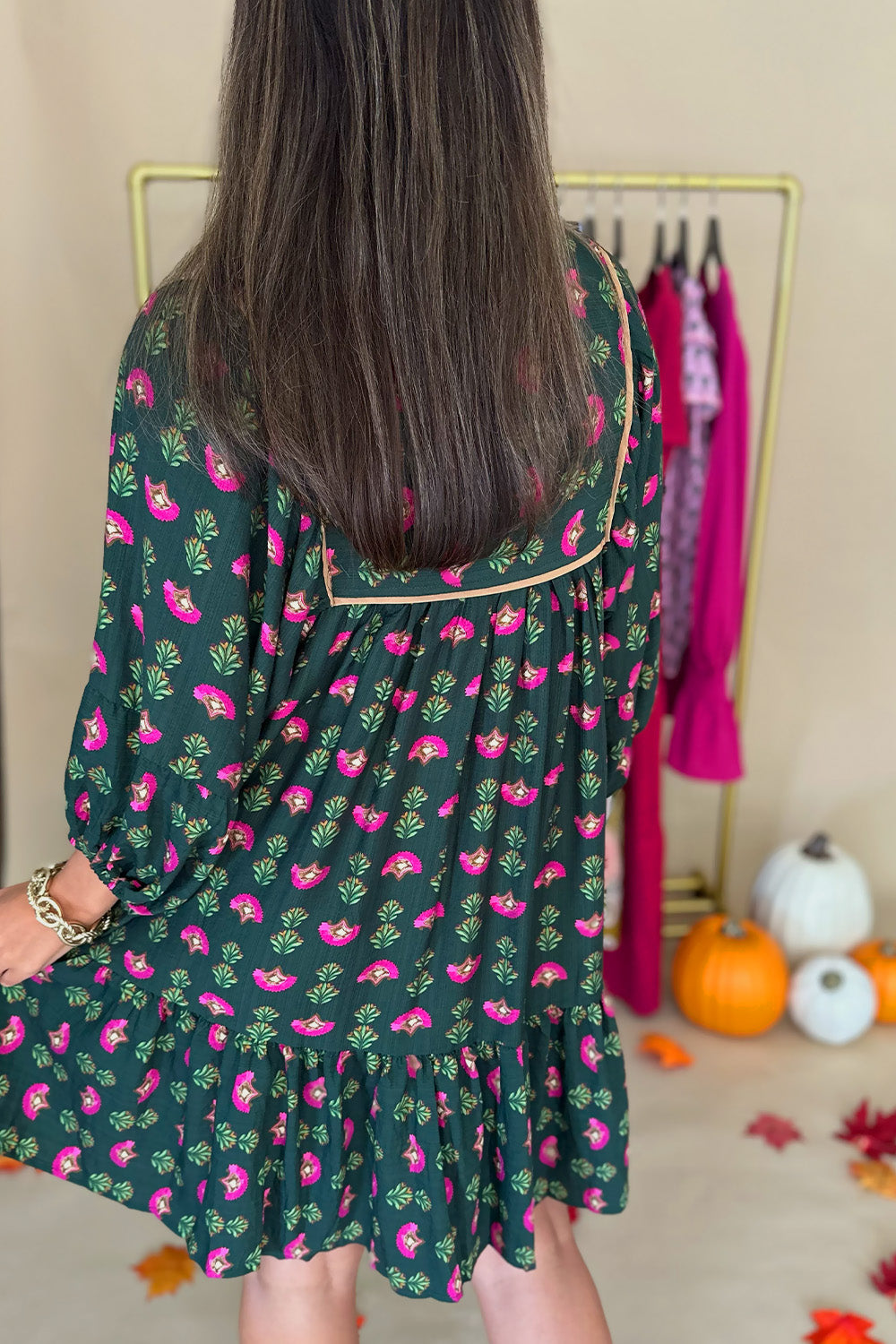 Dark Green Pink Tie Neck Dress