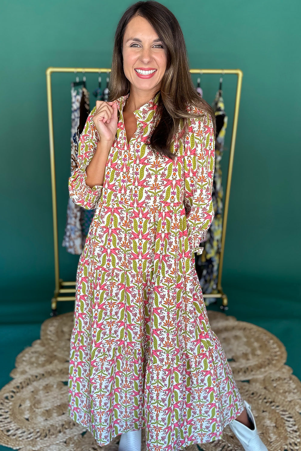 Cream, Pink, Green Collared Midi Dress