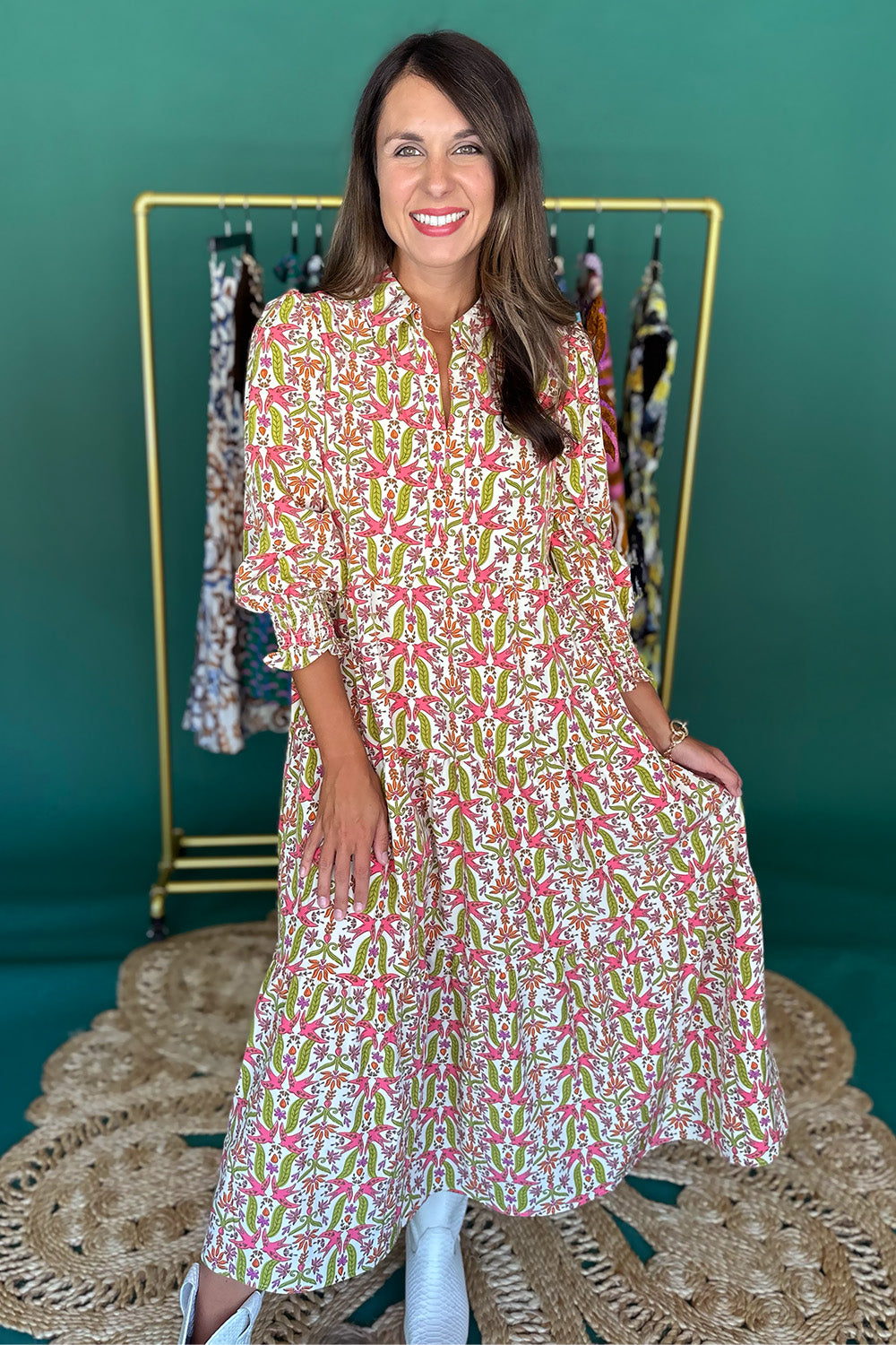 Cream, Pink, Green Collared Midi Dress