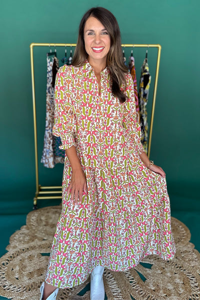Cream, Pink, Green Collared Midi Dress