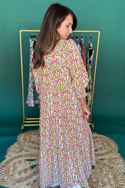 Cream, Pink, Green Collared Midi Dress
