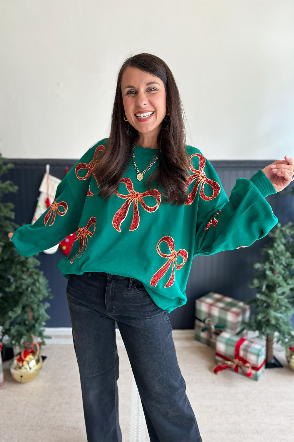 Green Sequin Christmas Bows Sweatshirt